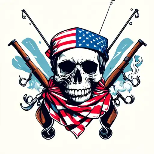 Smoking Skull With American Flag Bandana With Fishing Poles