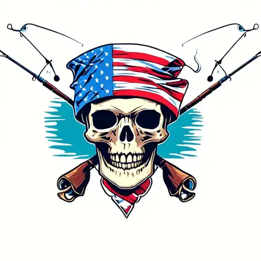 Smoking Skull With American Flag Bandana With Fishing Poles