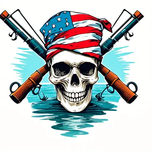 Smoking Skull With American Flag Bandana With Fishing Poles