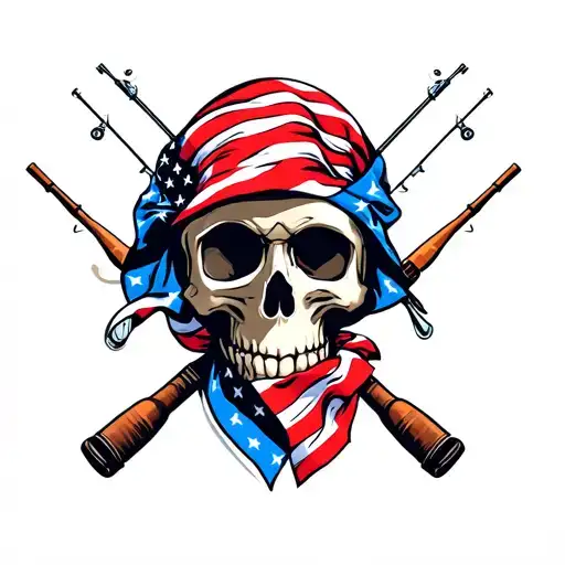 Smoking Skull With American Flag Bandana With Fishing Poles