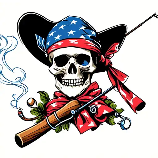 Smoking Skull With American Bandana With Fishing Poles