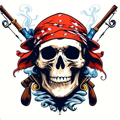 Smoking Skull With American Bandana With Fishing Poles