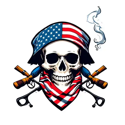 Smoking Skull With American Flag Bandana With Fishing Poles