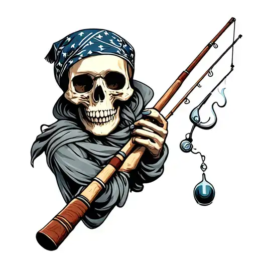Smoking Skull Wearing A Bandana With Fishing Poles