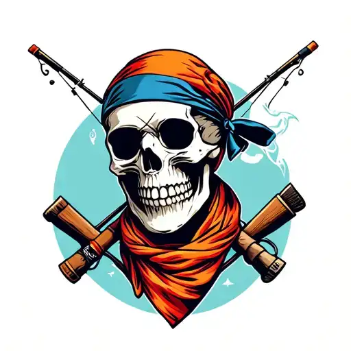 Smoking Skull Wearing A Bandana With Fishing Poles