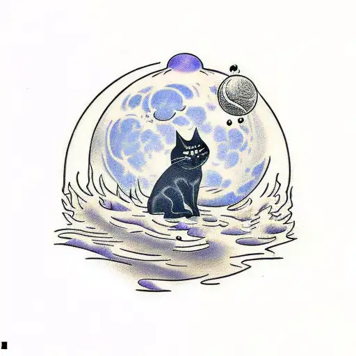 Black Cat Traying To Catch A Ball That Is A Moon