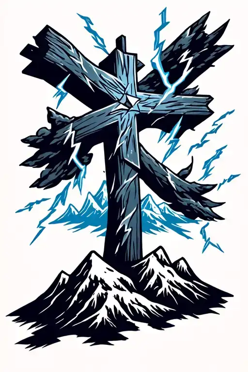 Cross With Lightning Bolts And Clouds On A Mountain