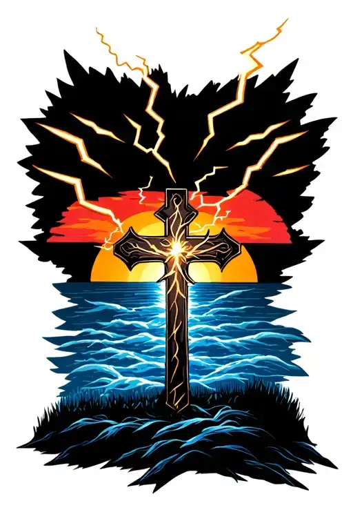 Cross With Lightning Bolts Surrounding It With Sunset In The Background