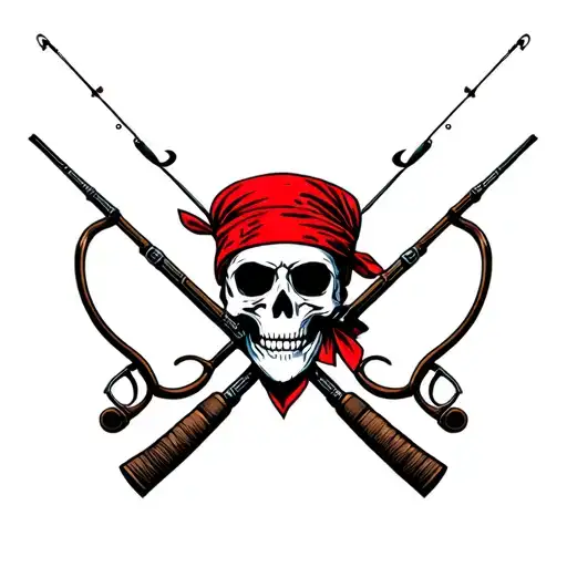 Skull With Red Bandana And Fishing Poles Crossed Together Symbolizing
