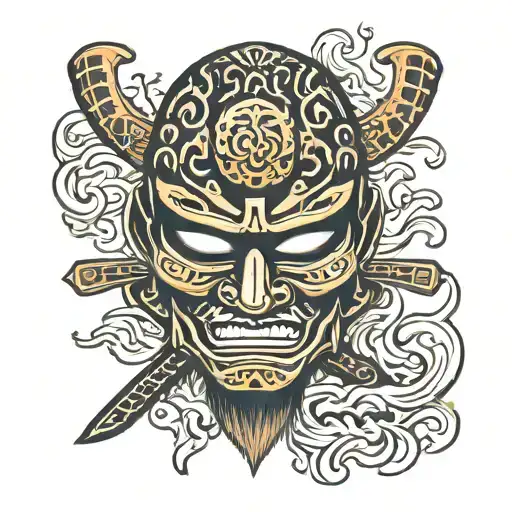 Samurai Mask In Traditional Style With Shadow Effects And Flames