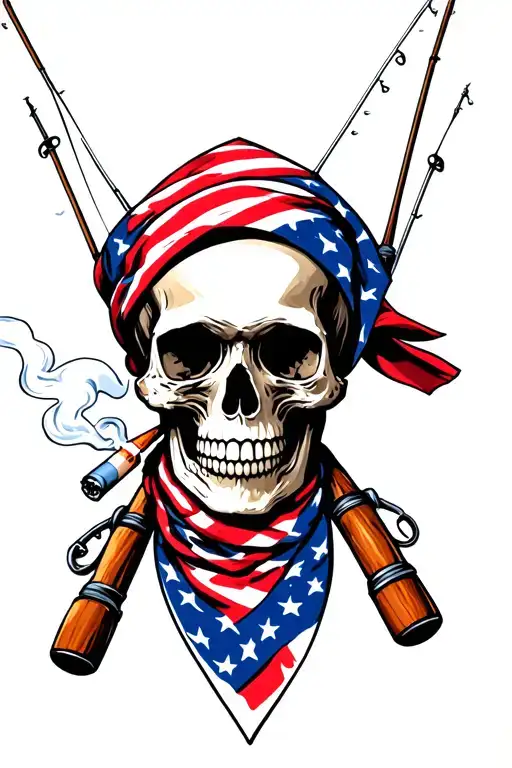 Skull Smoking A Cigarette Wearing American Flag Bandana With Fishing Poles