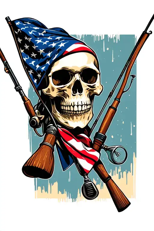 Skull Wearing American Flag Bandana And Fishing Poles
