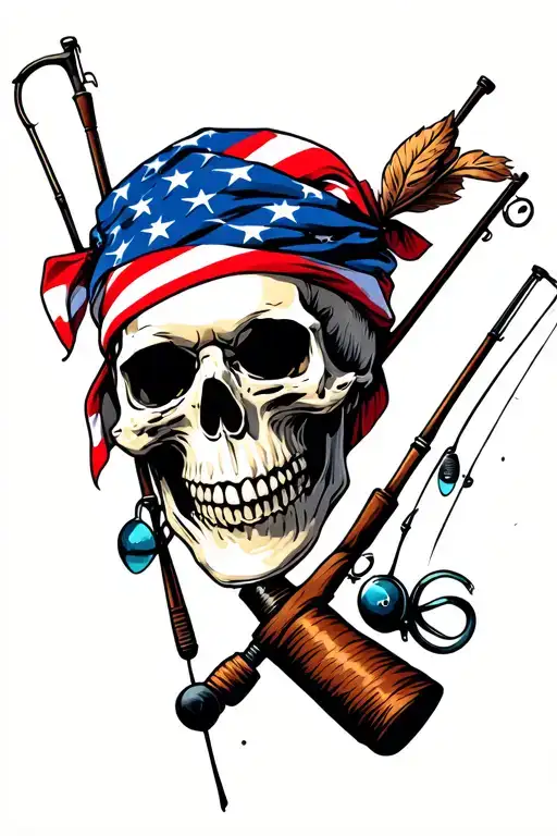 Skull Wearing American Flag Bandana And Fishing Poles