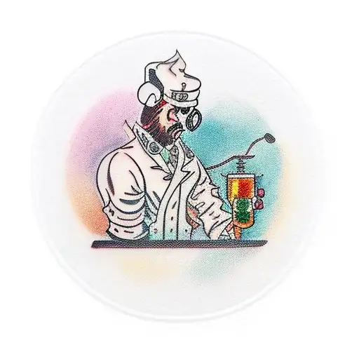 Traditional Style Tattoo Of A Pharmacist Mixing Potions With Metal Music Notes In The Background
