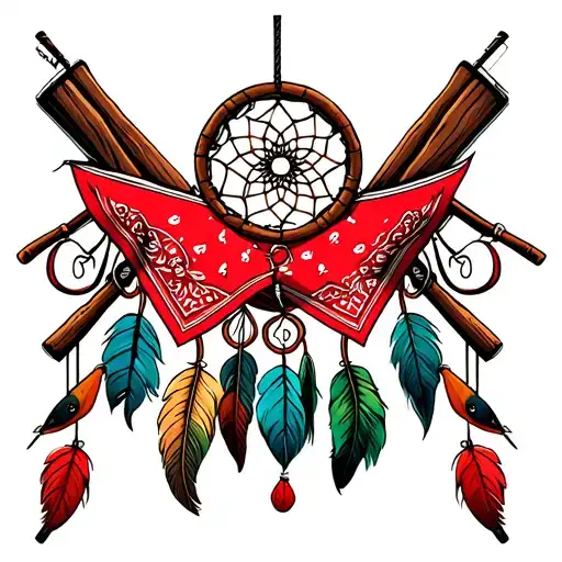 Red Bandana Around Fishing Poles And A Dream Catcher