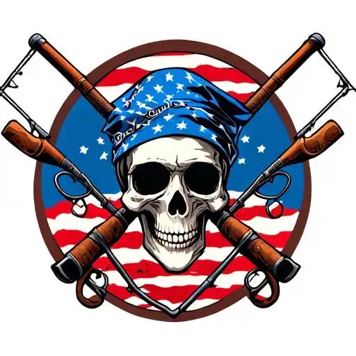 Skull With American Flag Bandana With Fishing Poles