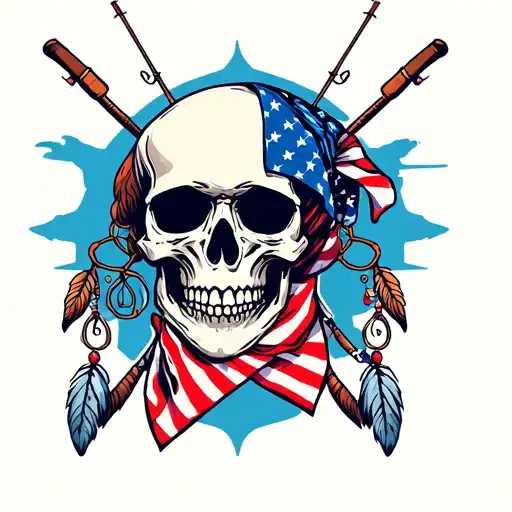 Skull With American Flag Bandana With Fishing Poles And Dream Catcher