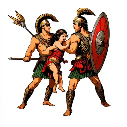 2 Spartan Boys Guarding A Baby Girl From Flying Arrows With Shields