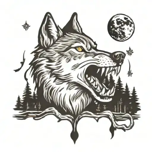 Wolf Screaming In The Woods In Front Of The Moon