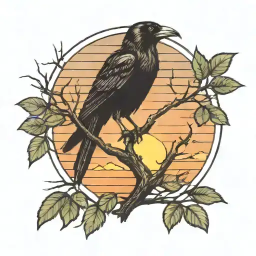 A Crow In A Tree With The Sunset In The Background