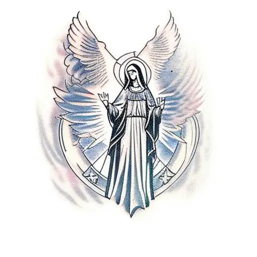 A Tattoo Of The Virgin Mary Holding A Delta Wing In Her Hands