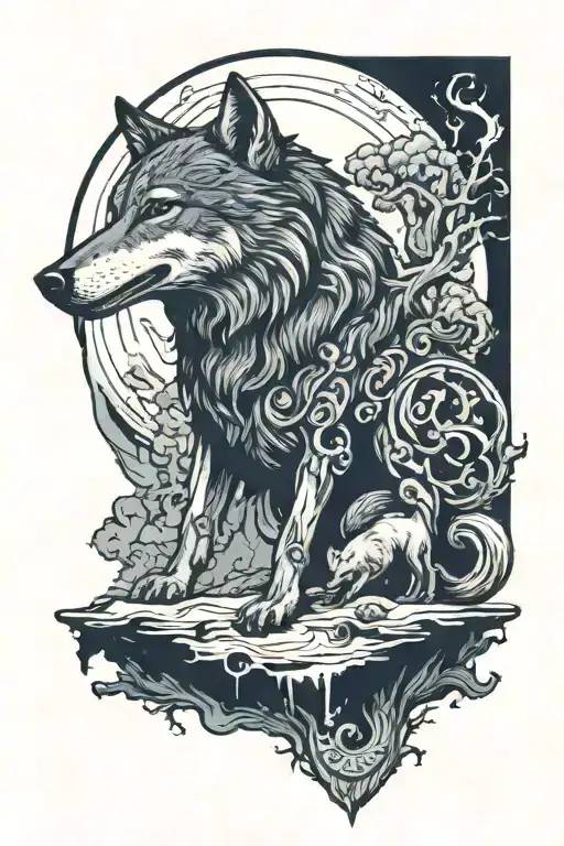 A Scene From Ancient Mythology Featuring A Wolf As A Central Figure
