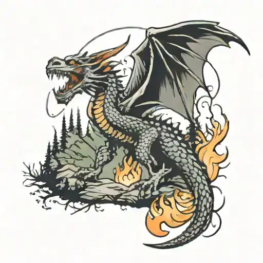 A Traditional Style Tattoo Of A Dragon Breathing Fire Onto A Hiking Trail