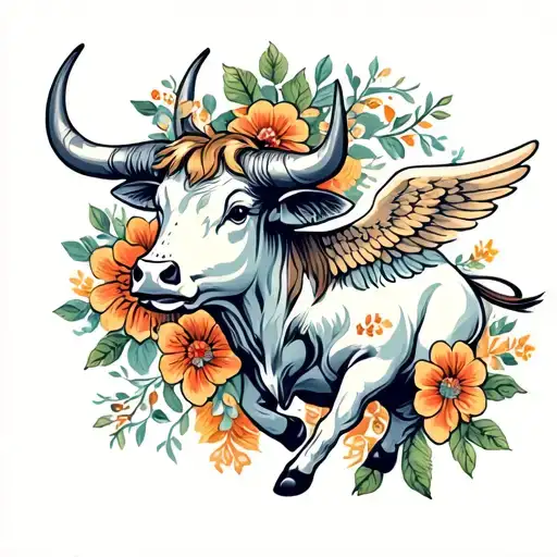 Taurus Bull With Angel Wings And Flowers