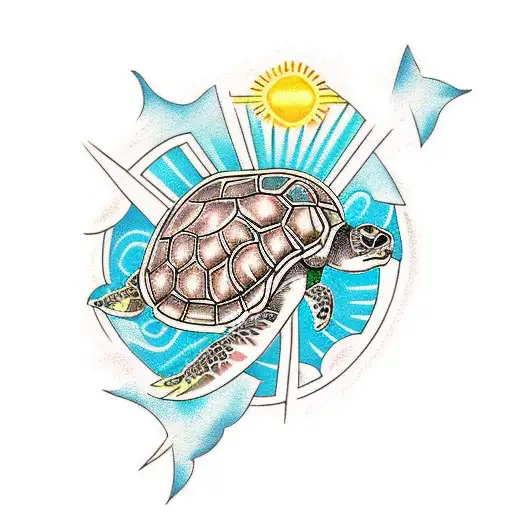 Turtle With Sun And Waves