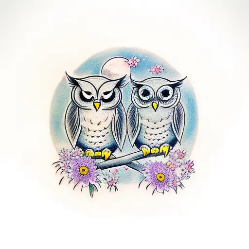 Two Owls Sitting On A Moon With Daisies On It