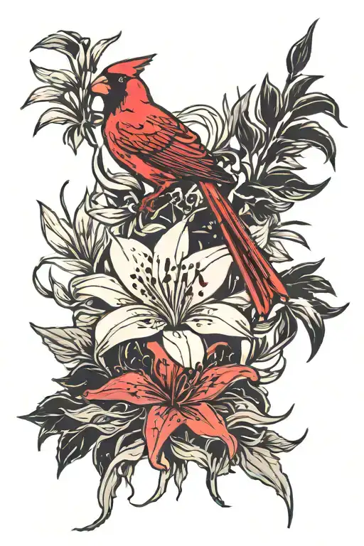 Red Cardinal And Spider Lilies