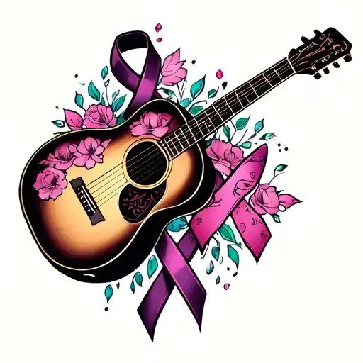 Acoustic Guitar With Cancer Ribbon