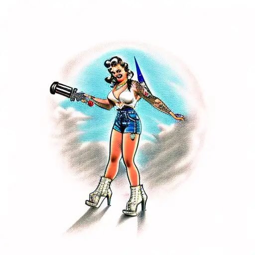 Pinup Girl With Tattoos Holding A Wrench On A Big Piston Background