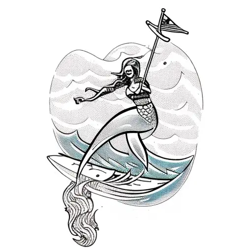 A Mermaid Riding A Wakeboard While Holding A Man On Her Shoulder