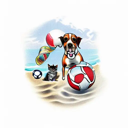 A Dog And A Cat Playing With A Beach Ball On A Sandy Soccer Field