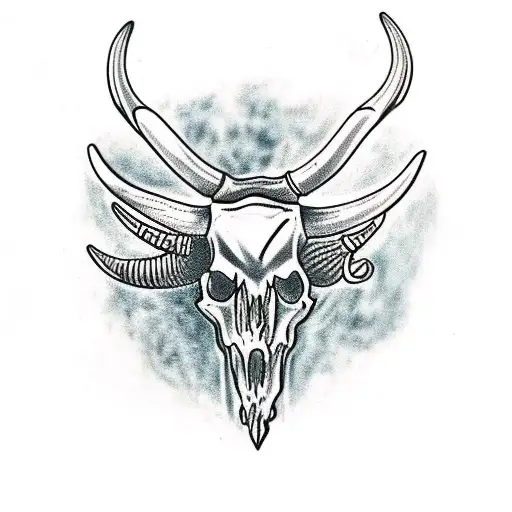 Traditional Tattoo Black And White Longhorn Skull With Butterfly On The Horn