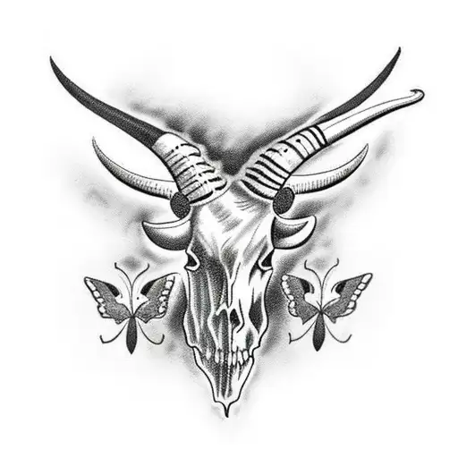Traditional Tattoo Black And White Longhorn Skull With A Butterfly On The Horn