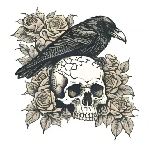 Raven On Human Skull Surrounded By Roses