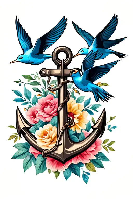 Anchor With Three Swallows And Florals