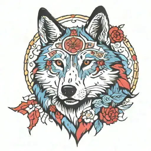 A Mexican-inspired Wolf With Stoic Symbols Surrounding It