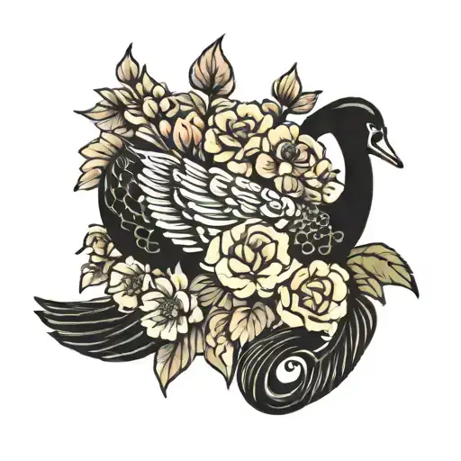 Black Swan And Flowers