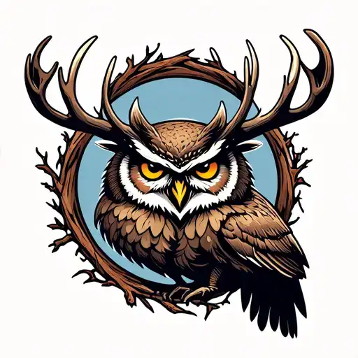 An Angry Owl With Moose Antlers And Branches Shaped Like A Circle Around It