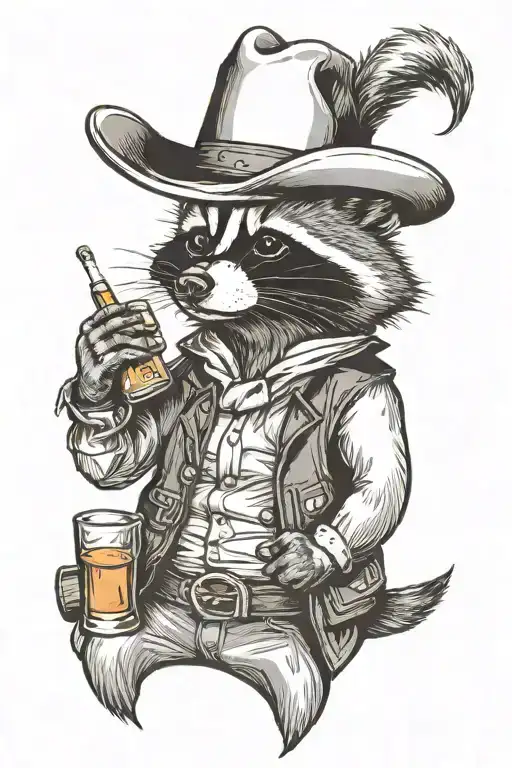 Cowboy Raccoon Drinking Whiskey Out Of The Bottle Holding A Cigarette