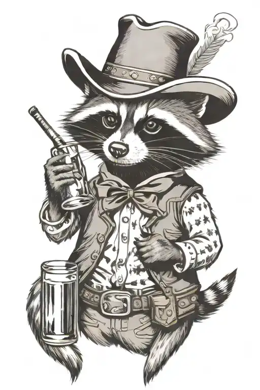 Cowboy Raccoon Drinking Whiskey Out Of The Bottle Holding A Cigarette