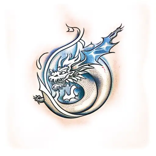 Downward Facing Dragon With Flame Clouds Tattoo