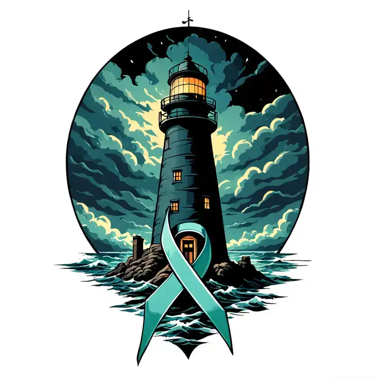 A Lighthouse In A Stormy Weather With A Ovarian Cancer Ribbon Around It