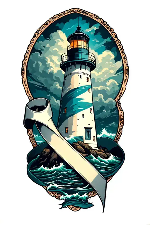 Lighthouse In The Storm With The Ovarian Cancer Ribbon Wrapping Around The Lighthouse