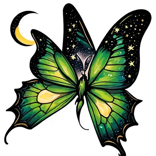 Green Butterfly With Moon And Stars