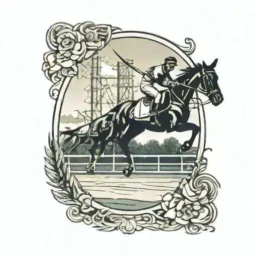 A Traditional Style Tattoo Of A Cricket Field With Horses Running In The Background