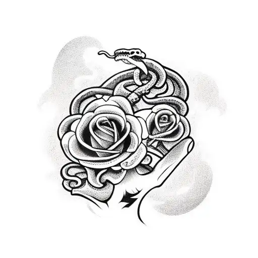 A Traditional-style Snake Coiled Around A Skeletal Hand Holding A Rose
